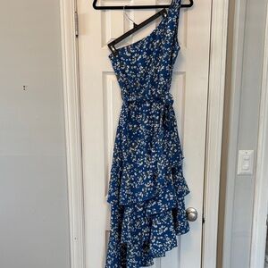 PrettyGarden Blue Floral One-Shoulder Ruffle Dress | XL